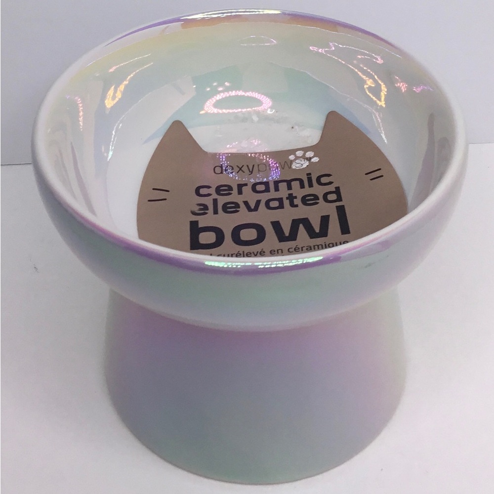 Pet Bowl dexypaws Ceramic elevated bowl 6.7oz White Holographic New